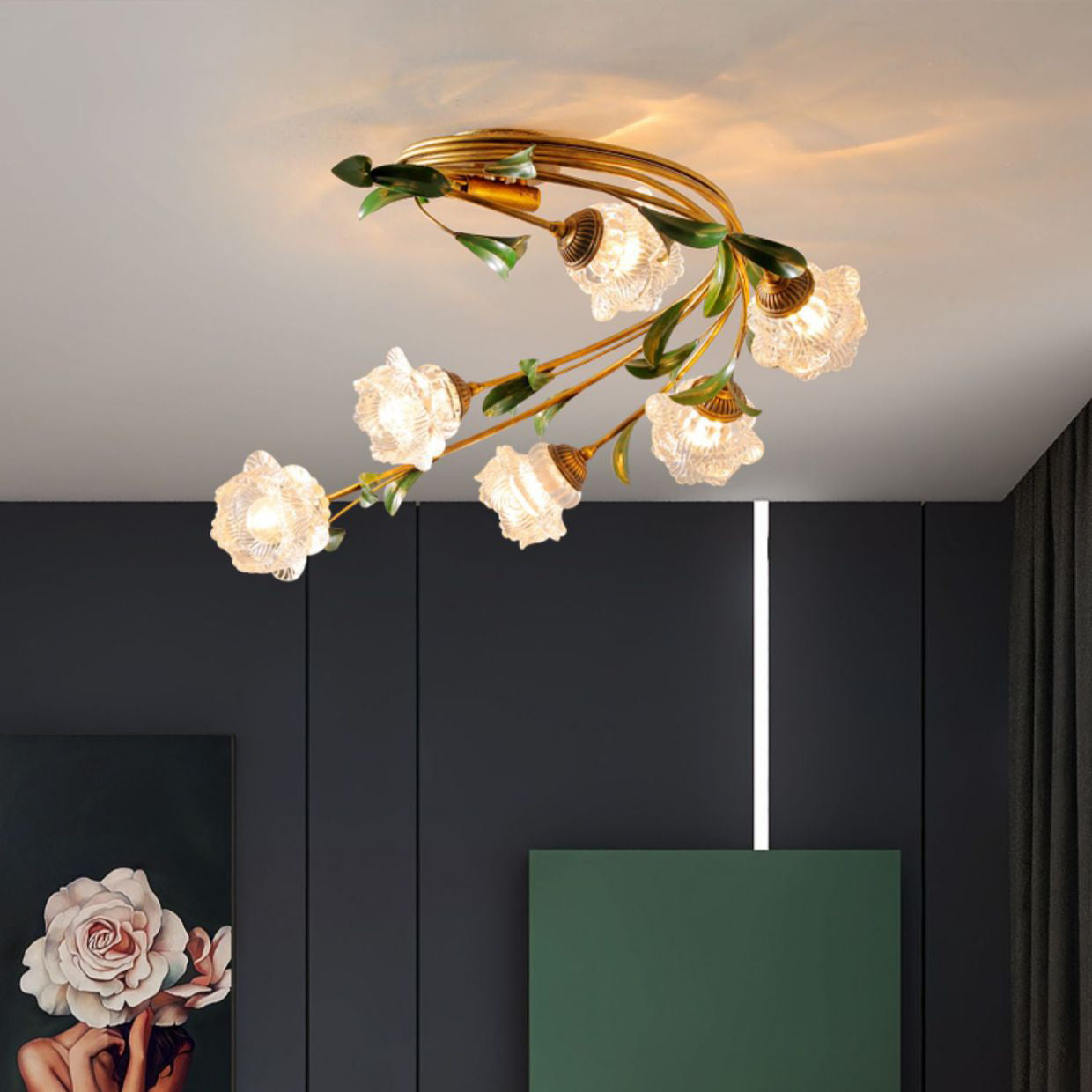 Contemporary Nordic Semi-Circular Curved Rod Floral Iron Glass Shade 6-Light Semi-Flush Mount Ceiling Light For Living Room