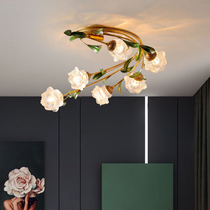 Contemporary Nordic Semi-Circular Curved Rod Floral Iron Glass Shade 6-Light Semi-Flush Mount Ceiling Light For Living Room