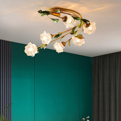 Contemporary Nordic Semi-Circular Curved Rod Floral Iron Glass Shade 6-Light Semi-Flush Mount Ceiling Light For Living Room