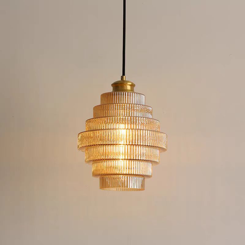 Contemporary Nordic Round Striped Glass 1-Light Pendant Light For Living Room