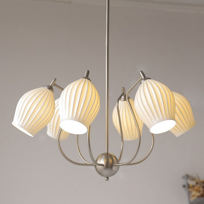 Traditional French Hardware Curved Rod Striped Ceramic Shade 4/6/8 Light Chandelier For Living Room