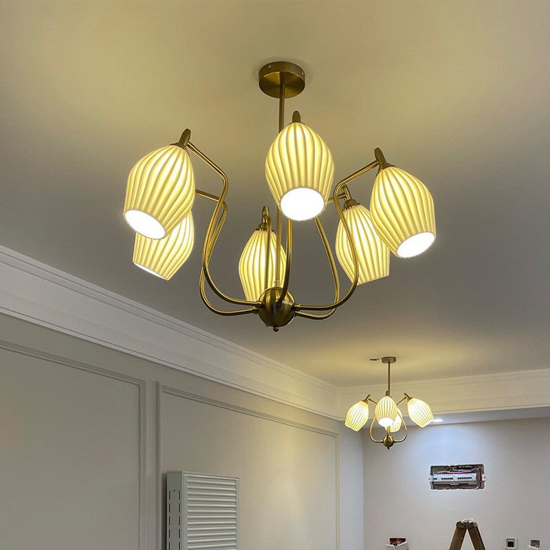 Traditional French Hardware Curved Rod Striped Ceramic Shade 4/6/8 Light Chandelier For Living Room