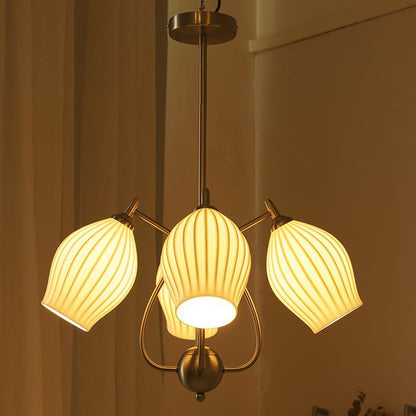 Traditional French Hardware Curved Rod Striped Ceramic Shade 4/6/8 Light Chandelier For Living Room