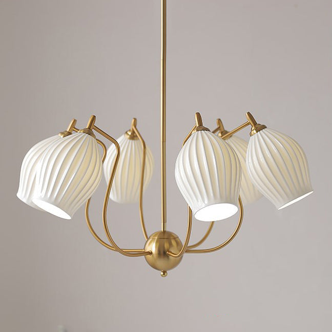 Traditional French Hardware Curved Rod Striped Ceramic Shade 4/6/8 Light Chandelier For Living Room