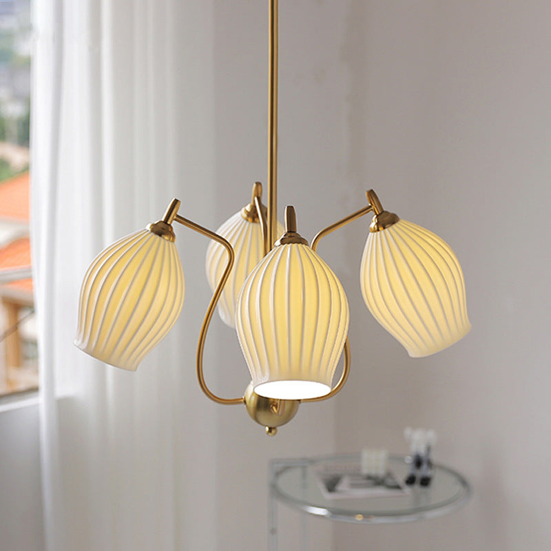 Traditional French Hardware Curved Rod Striped Ceramic Shade 4/6/8 Light Chandelier For Living Room