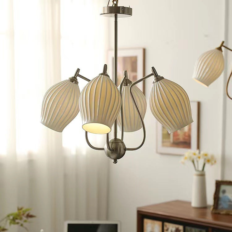 Traditional French Hardware Curved Rod Striped Ceramic Shade 4/6/8 Light Chandelier For Living Room