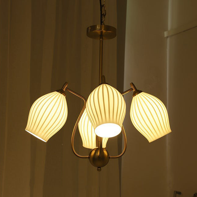 Traditional French Hardware Curved Rod Striped Ceramic Shade 4/6/8 Light Chandelier For Living Room