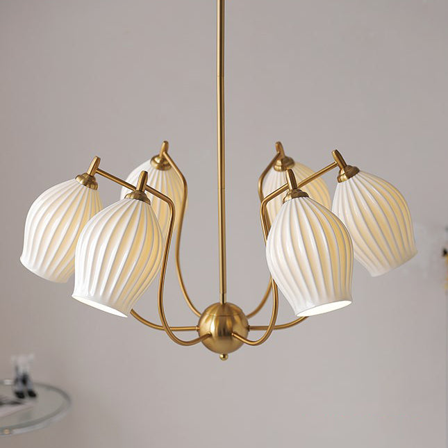 Traditional French Hardware Curved Rod Striped Ceramic Shade 4/6/8 Light Chandelier For Living Room