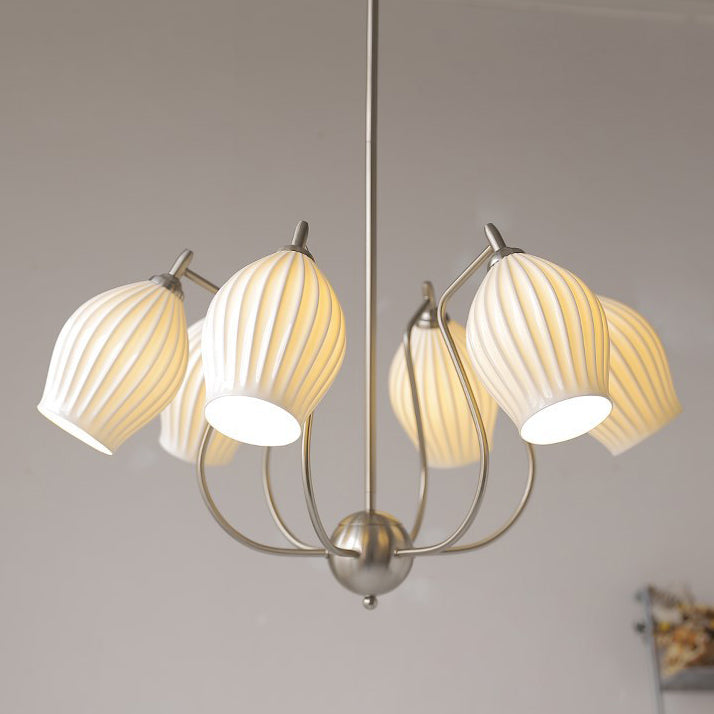 Traditional French Hardware Curved Rod Striped Ceramic Shade 4/6/8 Light Chandelier For Living Room