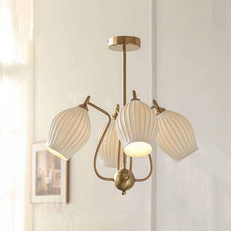 Traditional French Hardware Curved Rod Striped Ceramic Shade 4/6/8 Light Chandelier For Living Room