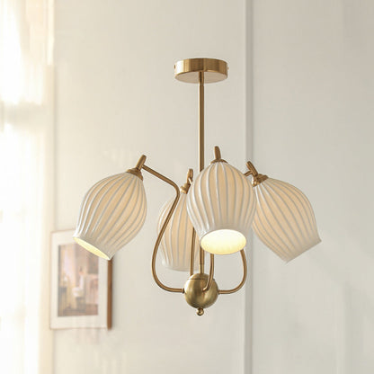 Traditional French Hardware Curved Rod Striped Ceramic Shade 4/6/8 Light Chandelier For Living Room