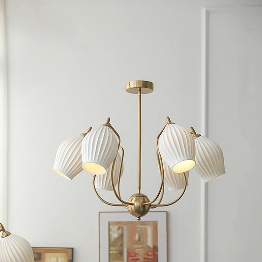 Traditional French Hardware Curved Rod Striped Ceramic Shade 4/6/8 Light Chandelier For Living Room