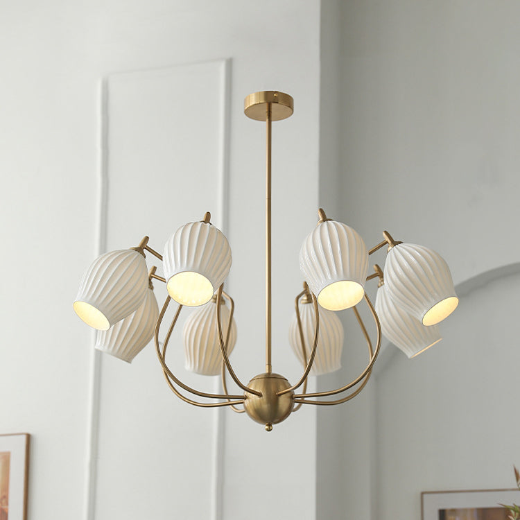 Traditional French Hardware Curved Rod Striped Ceramic Shade 4/6/8 Light Chandelier For Living Room