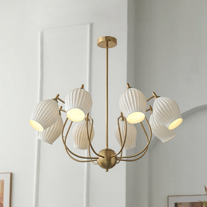 Traditional French Hardware Curved Rod Striped Ceramic Shade 4/6/8 Light Chandelier For Living Room