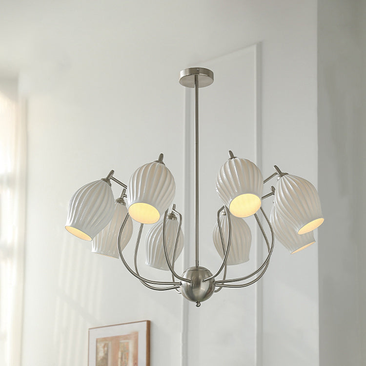 Traditional French Hardware Curved Rod Striped Ceramic Shade 4/6/8 Light Chandelier For Living Room
