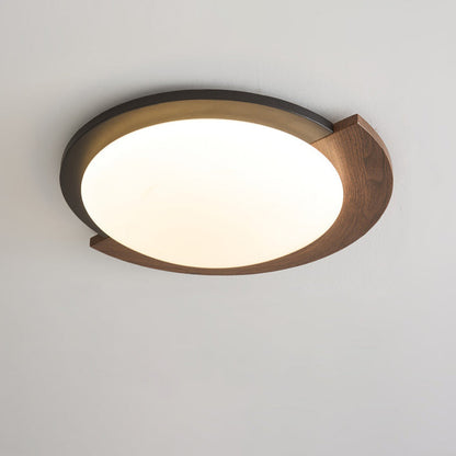 Contemporary Retro Round Wood Grain Iron Frame Acrylic Shade LED Flush Mount Ceiling Light For Living Room