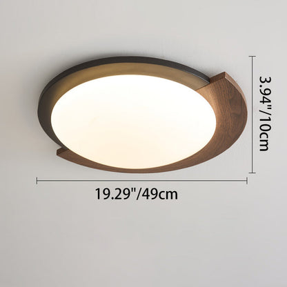 Contemporary Retro Round Wood Grain Iron Frame Acrylic Shade LED Flush Mount Ceiling Light For Living Room