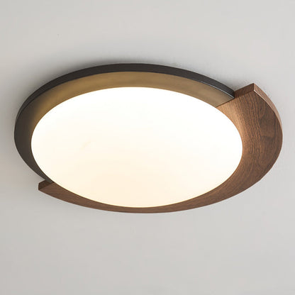 Contemporary Retro Round Wood Grain Iron Frame Acrylic Shade LED Flush Mount Ceiling Light For Living Room