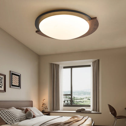 Contemporary Retro Round Wood Grain Iron Frame Acrylic Shade LED Flush Mount Ceiling Light For Living Room