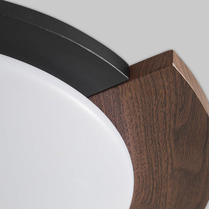 Contemporary Retro Round Wood Grain Iron Frame Acrylic Shade LED Flush Mount Ceiling Light For Living Room
