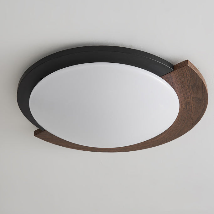 Contemporary Retro Round Wood Grain Iron Frame Acrylic Shade LED Flush Mount Ceiling Light For Living Room