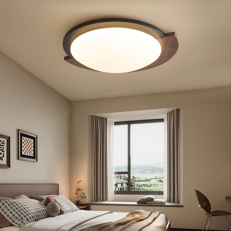 Contemporary Retro Round Wood Grain Iron Frame Acrylic Shade LED Flush Mount Ceiling Light For Living Room