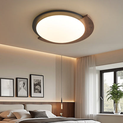 Contemporary Retro Round Wood Grain Iron Frame Acrylic Shade LED Flush Mount Ceiling Light For Living Room