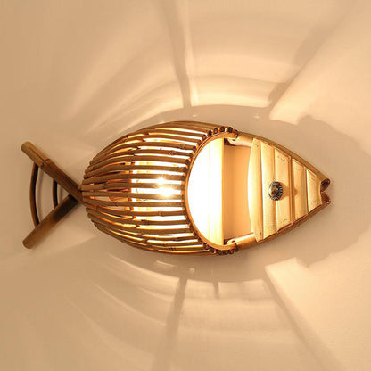 Traditional Chinese Fish Shape Solid Wood Bamboo 1-Light Wall Sconce Lamp For Living Room