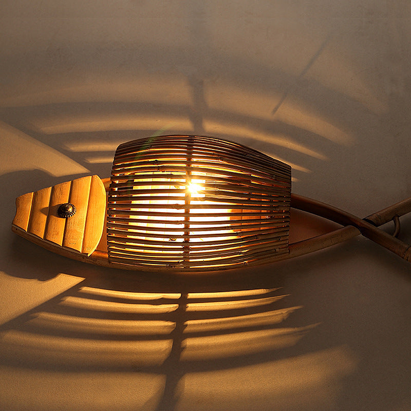 Traditional Chinese Fish Shape Solid Wood Bamboo 1-Light Wall Sconce Lamp For Living Room