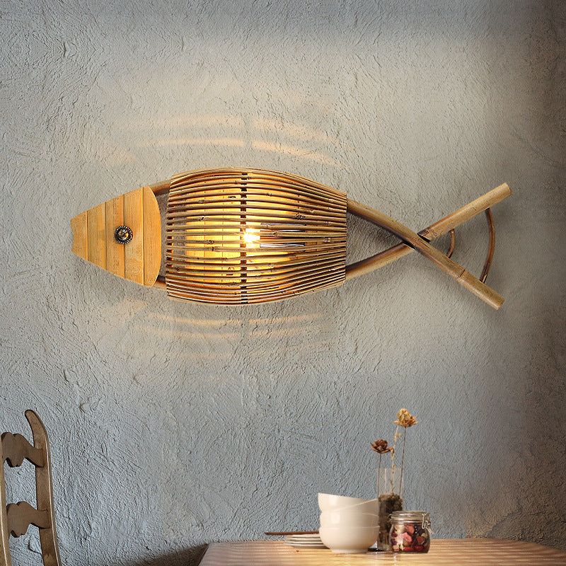 Traditional Chinese Fish Shape Solid Wood Bamboo 1-Light Wall Sconce Lamp For Living Room