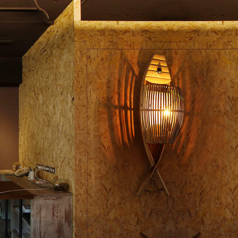 Traditional Chinese Fish Shape Solid Wood Bamboo 1-Light Wall Sconce Lamp For Living Room