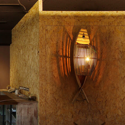 Traditional Chinese Fish Shape Solid Wood Bamboo 1-Light Wall Sconce Lamp For Living Room
