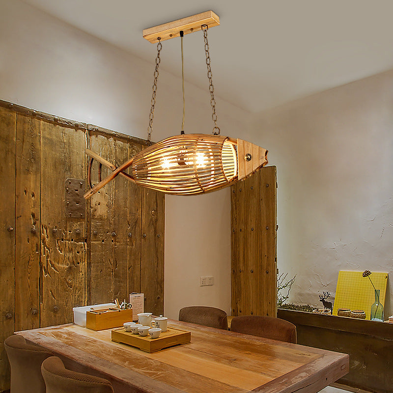 Traditional Chinese Fish Shape Solid Wood Bamboo 1-Light Island Light Chandelier For Dining Room