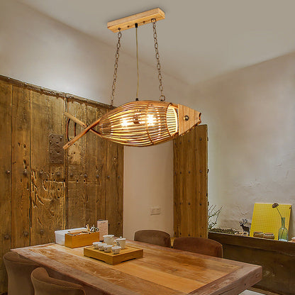 Traditional Chinese Fish Shape Solid Wood Bamboo 1-Light Island Light Chandelier For Dining Room