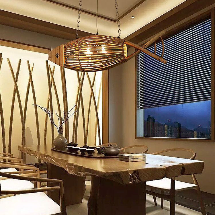 Traditional Chinese Fish Shape Solid Wood Bamboo 1-Light Island Light Chandelier For Dining Room