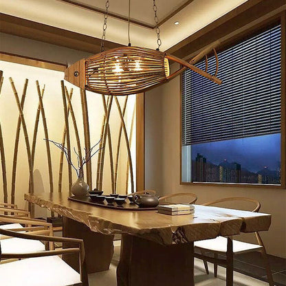 Traditional Chinese Fish Shape Solid Wood Bamboo 1-Light Island Light Chandelier For Dining Room