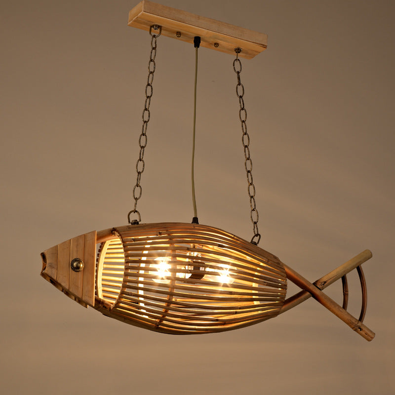 Traditional Chinese Fish Shape Solid Wood Bamboo 1-Light Island Light Chandelier For Dining Room