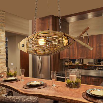 Traditional Chinese Fish Shape Solid Wood Bamboo 1-Light Island Light Chandelier For Dining Room