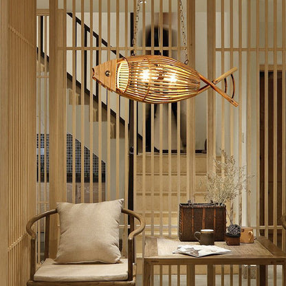Traditional Chinese Fish Shape Solid Wood Bamboo 1-Light Island Light Chandelier For Dining Room