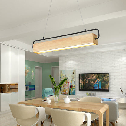 Modern Minimalist Rectangular Wood Acrylic Shade LED Island Light Chandelier For Dining Room