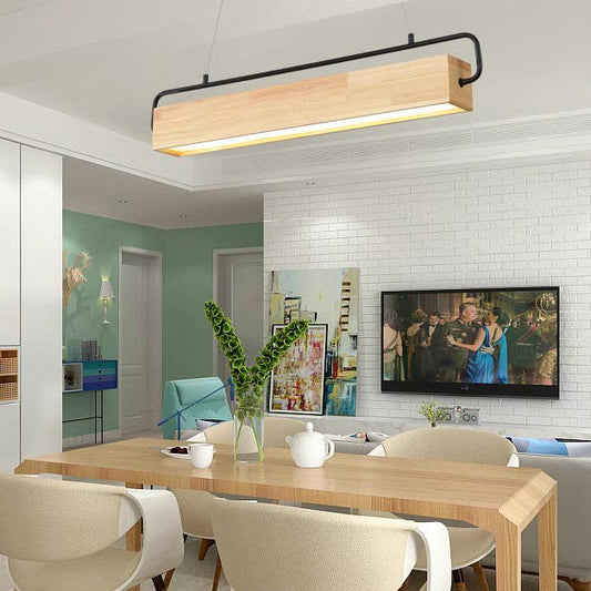 Modern Minimalist Rectangular Wood Acrylic Shade LED Island Light Chandelier For Dining Room