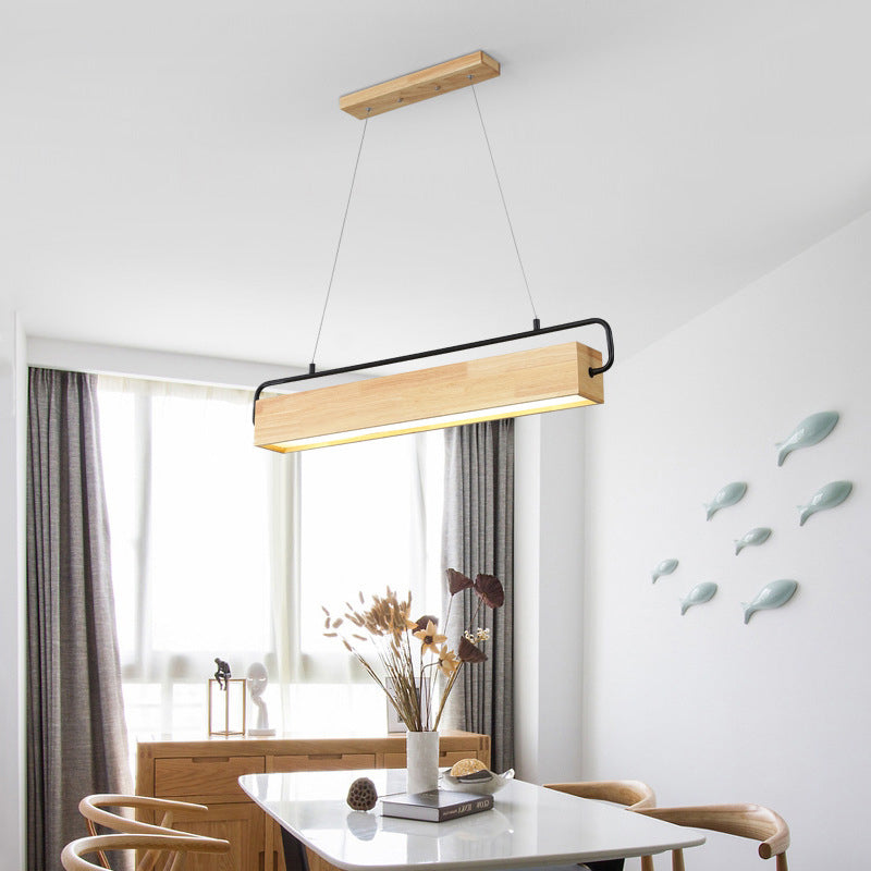 Modern Minimalist Rectangular Wood Acrylic Shade LED Island Light Chandelier For Dining Room