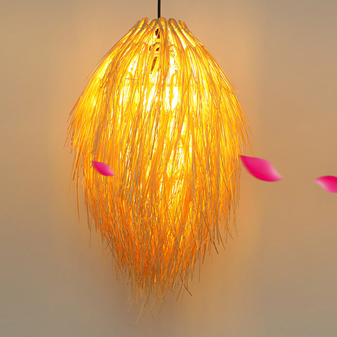 Traditional Chinese Hairball Shape Bamboo Woven 1-Light Pendant Light For Dining Room