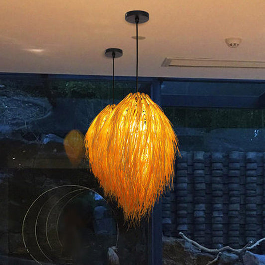 Traditional Chinese Hairball Shape Bamboo Woven 1-Light Pendant Light For Dining Room
