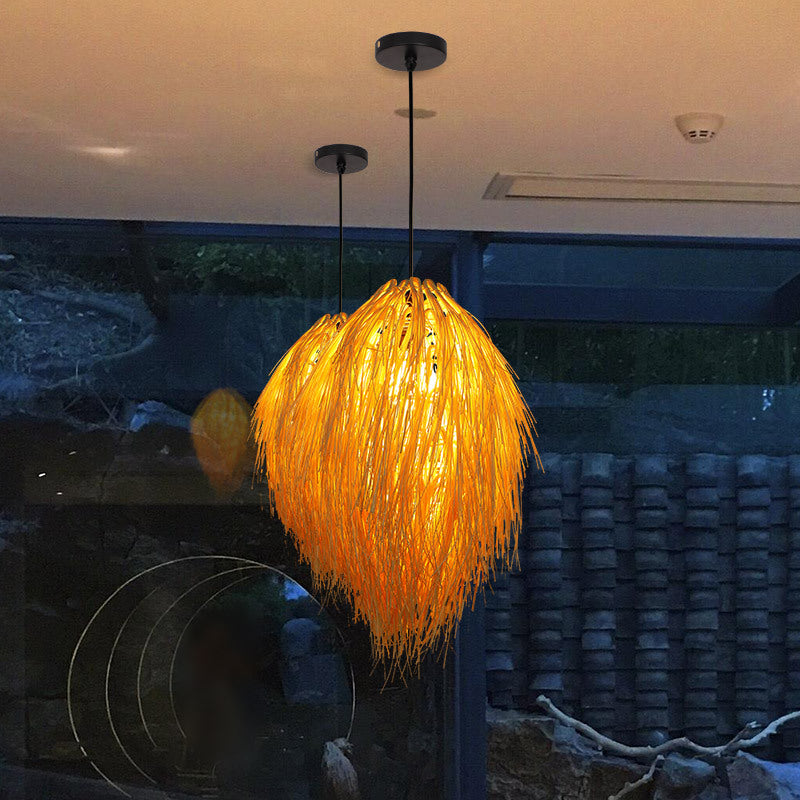 Traditional Chinese Hairball Shape Bamboo Woven 1-Light Pendant Light For Dining Room