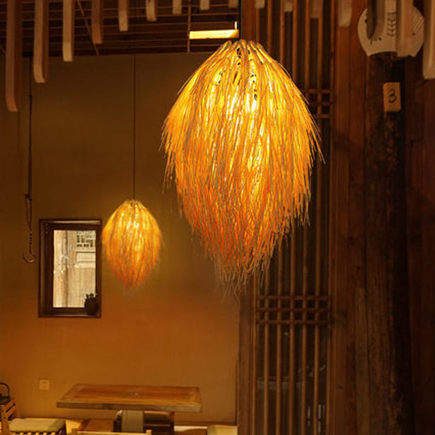 Traditional Chinese Hairball Shape Bamboo Woven 1-Light Pendant Light For Dining Room