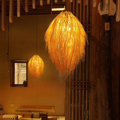 Traditional Chinese Hairball Shape Bamboo Woven 1-Light Pendant Light For Dining Room