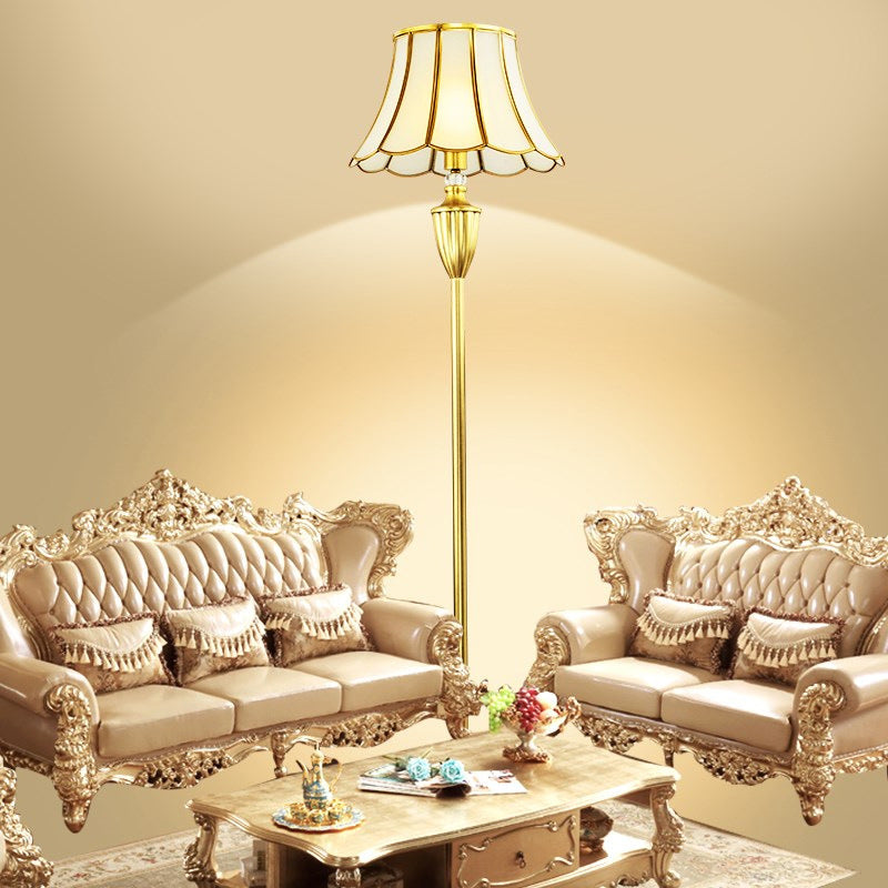 Traditional European Round Lace Copper Glass 1-Light Standing Floor Lamp For Living Room