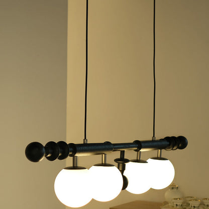 Traditional French Long Pole Round Globe Ash Wood Glass 4-Light Island Light Chandelier For Dining Room