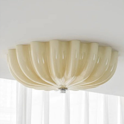 Contemporary Nordic Cream Round Stripe Hardware Glass LED Flush Mount Ceiling Light For Living Room